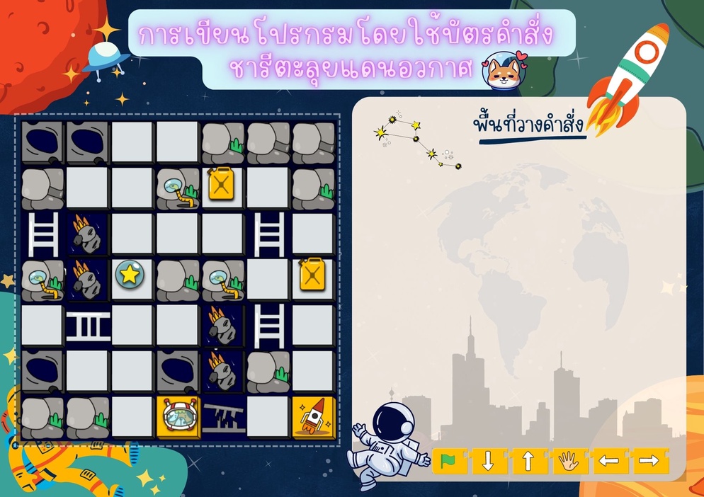 ภาพประกอบไอเดีย Coding Board Game ชุด "ชารีตะลุยแดนอวกาศ"