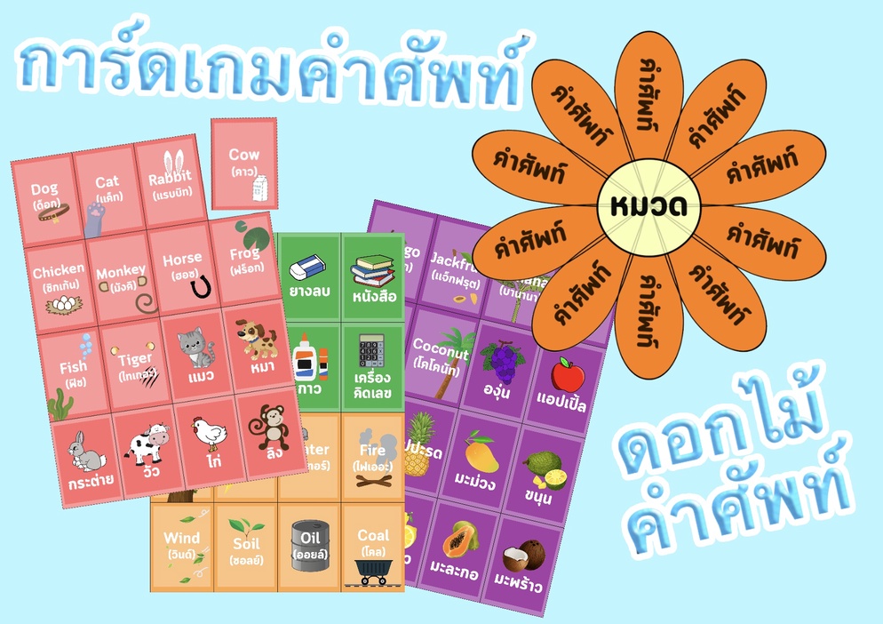 ภาพประกอบไอเดีย การ์ดเกมคำศัพท์ เเละ ดอกไม้คำศัพท์