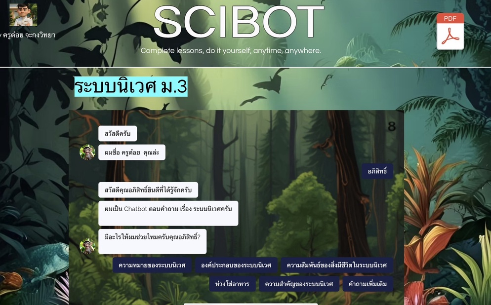 ภาพประกอบไอเดีย SCIBOT Learn anywhere, anytime.
แชทบอทบทเรียนระบบนิเวศ ม.3
