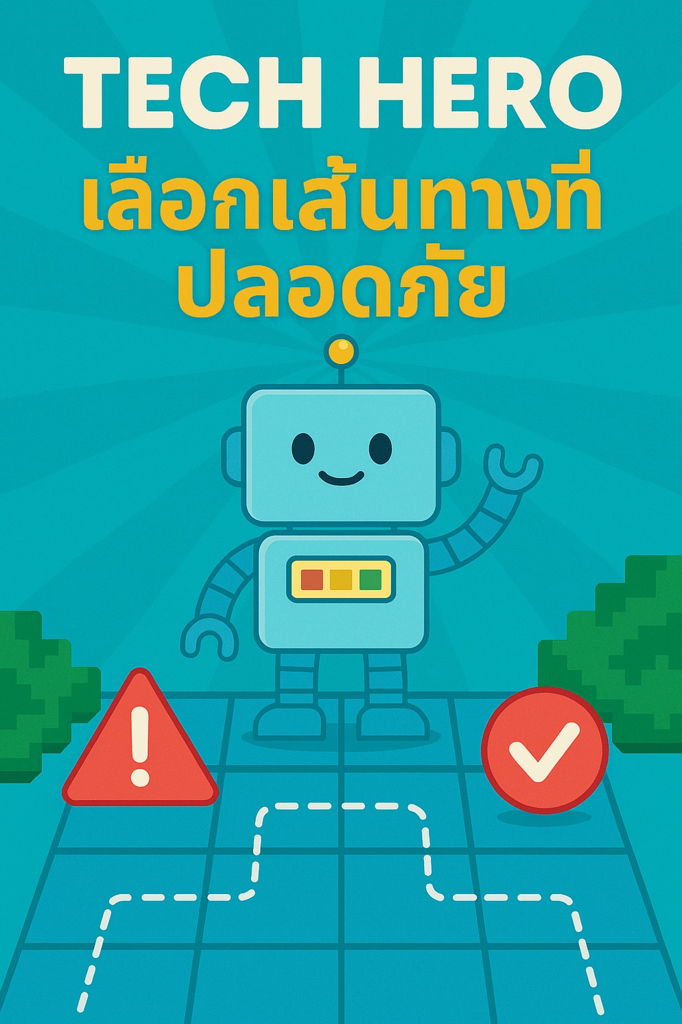 ภาพประกอบไอเดีย "Tech Hero เลือกทางที่ปลอดภัย" (Unplugged Coding Board Game)