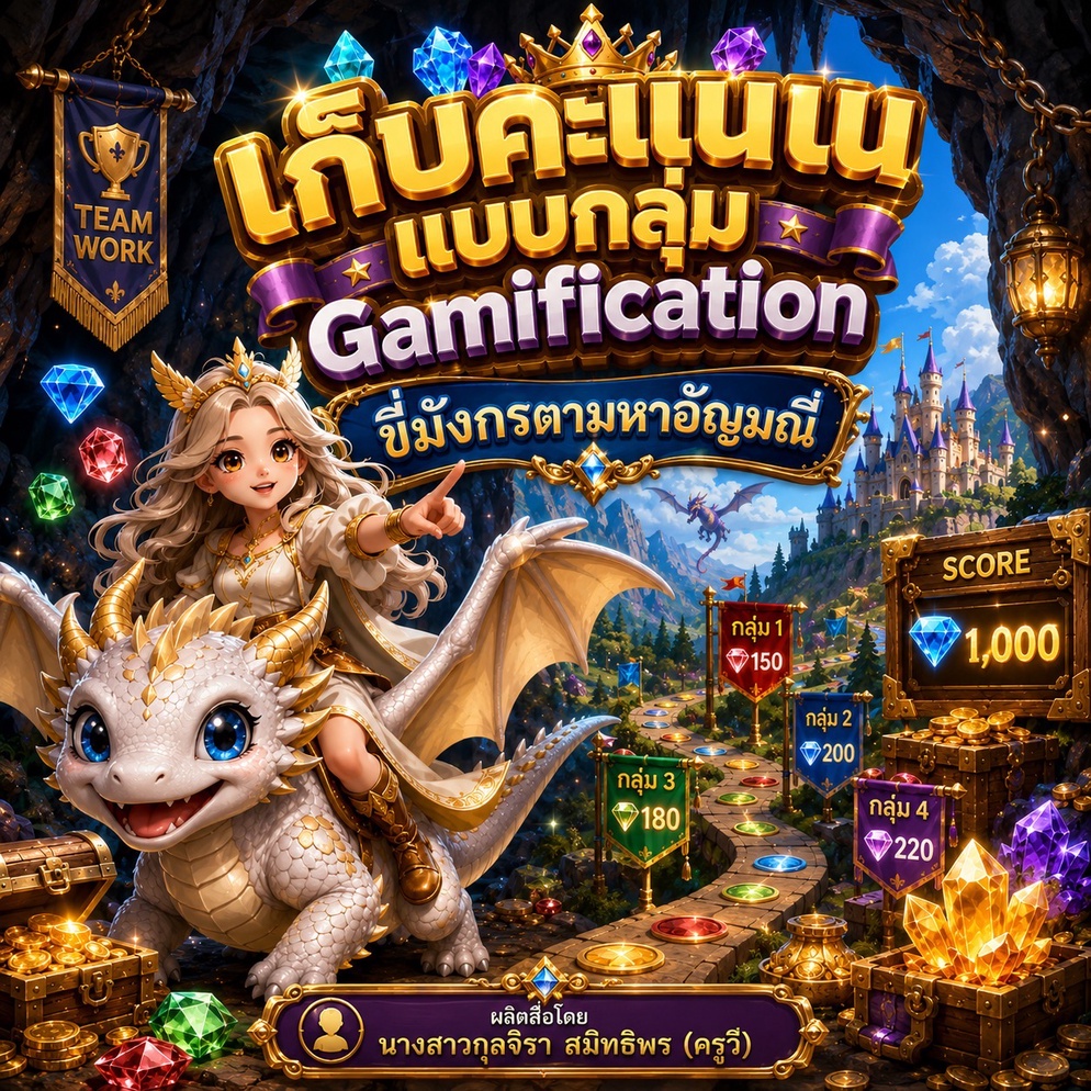 ภาพประกอบไอเดีย เก็บคะแนนแบบกลุ่ม Gamification ขี่มังกรตามหาอัญมณี
